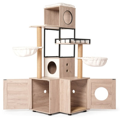 63 Multi-Functional Cat Tree With Litter Box - Includes Removable Washable Cushion, Scratching Posts Toy Hanger, Modern Design, Rustic Gray