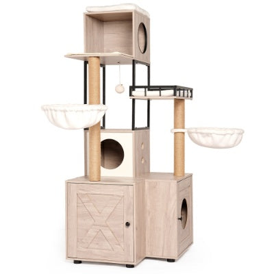 63 Multi-Functional Cat Tree With Litter Box - Includes Removable Washable Cushion, Scratching Posts Toy Hanger, Modern Design, Rustic Gray