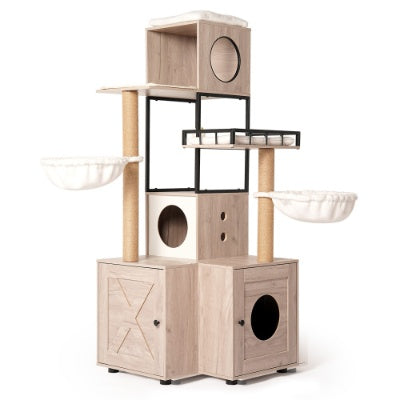 63 Multi-Functional Cat Tree With Litter Box - Includes Removable Washable Cushion, Scratching Posts Toy Hanger, Modern Design, Rustic Gray