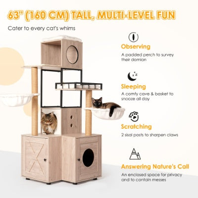 63 Multi-Functional Cat Tree With Litter Box - Includes Removable Washable Cushion, Scratching Posts Toy Hanger, Modern Design, Rustic Gray