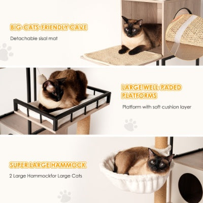 63 Multi-Functional Cat Tree With Litter Box - Includes Removable Washable Cushion, Scratching Posts Toy Hanger, Modern Design, Rustic Gray