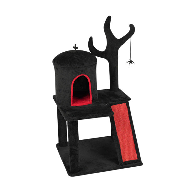 Gothic Cat Tree, Halloween Cat Tower Cat Tree With Spacious Cat Condo, Brach Shaped Scratching Post, Scratching Ladder, Spider Toy For Indoor Cats, Red & Black