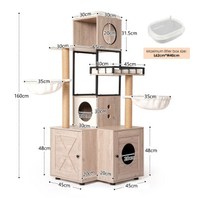63 Multi-Functional Cat Tree With Litter Box - Includes Removable Washable Cushion, Scratching Posts Toy Hanger, Modern Design, Rustic Gray