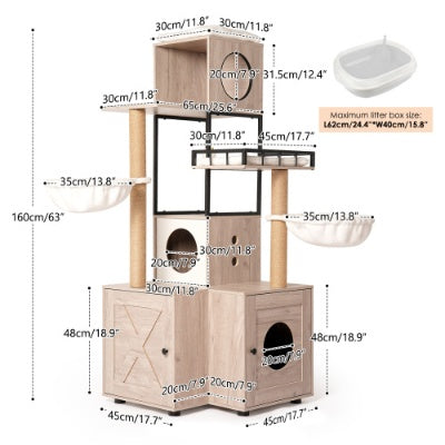 63 Multi-Functional Cat Tree With Litter Box - Includes Removable Washable Cushion, Scratching Posts Toy Hanger, Modern Design, Rustic Gray