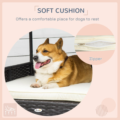 Wicker Dog Bed Outdoor Elevated With Rattan Canopy Cushioned PE Rattan Dog Cat House Sleeping Pad Cream