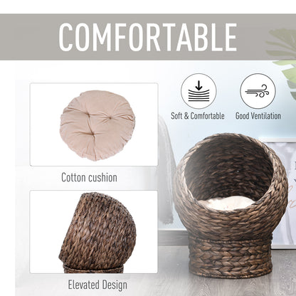 Handmade Wicker Elevated Cat Bed With Cushion Dark Brown For Kittens