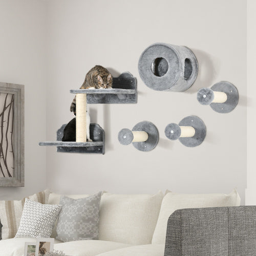 5PCs Cat Wall Shelves, Pet Wall-mounted Climbing Shelf Set, Kitten Activity Center With Condo, Cushion, Scratching Post, Jumping Platform, Brown