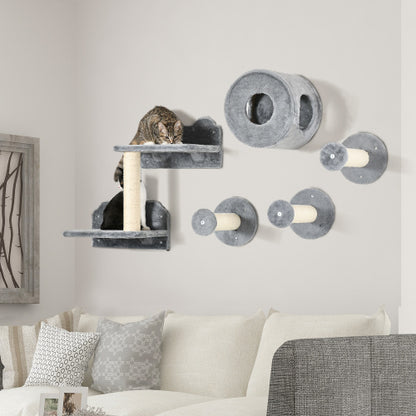5PCs Cat Wall Shelves, Pet Wall-mounted Climbing Shelf Set, Kitten Activity Center With Condo, Cushion, Scratching Post, Jumping Platform, Brown