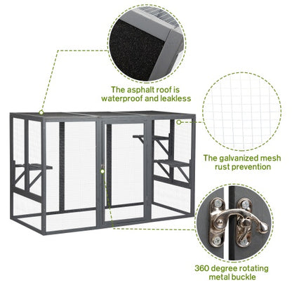 Spacious Wooden Cat Cage With Waterproof Roof For Adjustable Pedals - Gray-black