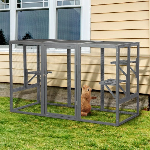 Spacious Wooden Cat Cage With Waterproof Roof For Adjustable Pedals - Gray-black